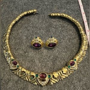 Nolan Miller Vintage Gold Tone Necklace Clip On Earrings Faux Amethyst Emerald